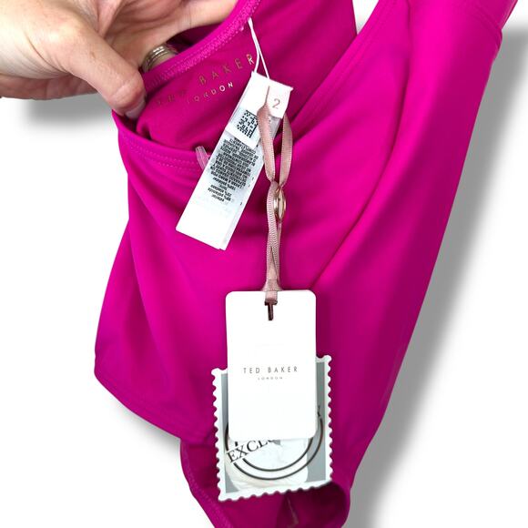 Ted Baker London NWT Fuchsia Low V Plunge Open Back One-Piece Halter Swimsuit - Picture 7 of 9
